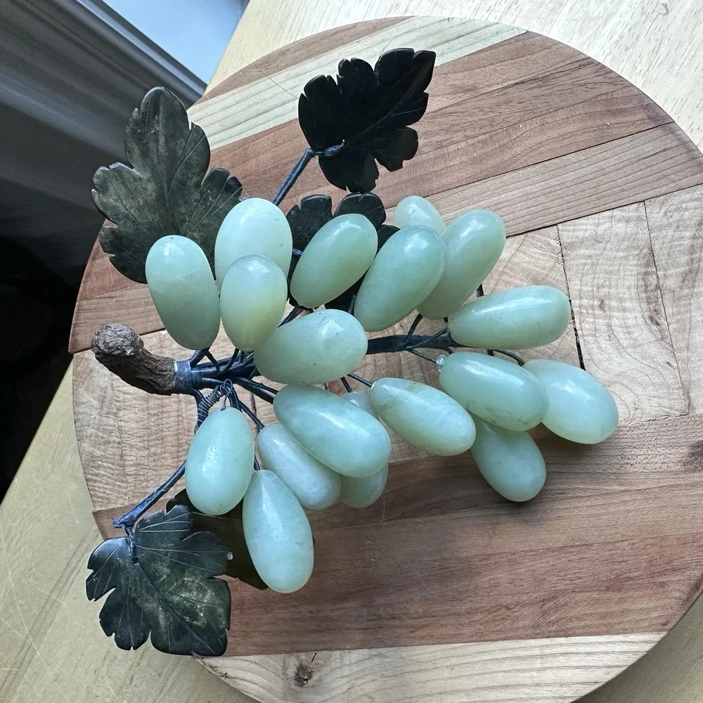 Vintage Grape Cluster 7 Inch Nephrite Jade Alabaster Leaves Mid Century Decor